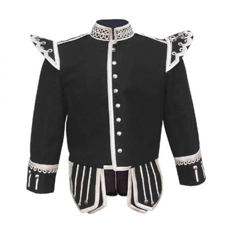 Black Pipe Band Doublet with Silver Buttons and Scrolling Silver Piping Braid