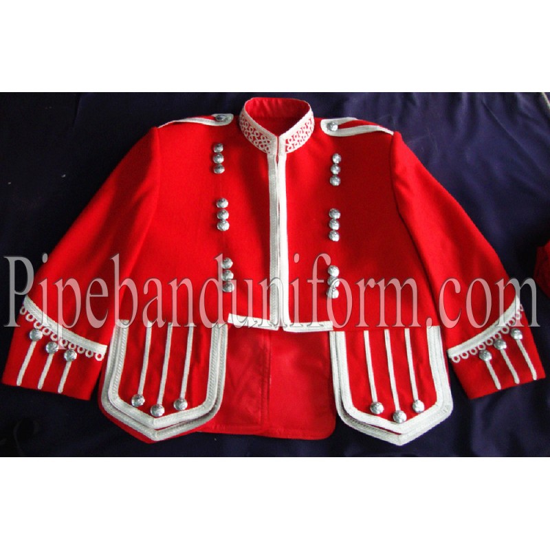 Red Pipe Band Doublet Drummers Jacket with Silver Buttons and Scrolling Silver Piping Braid