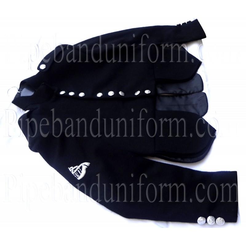 Scots Guards Navy Blue Pipe Band Doublet Kilt Jacket with Silver Bagpipe Arm Badge
