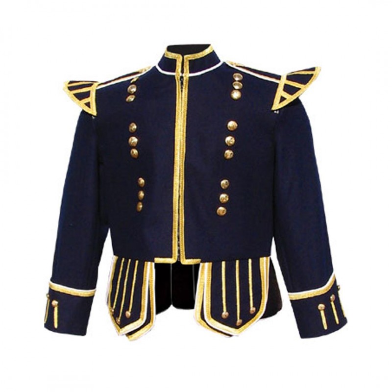 Dark Blue Scottish Pipers Drummers Doublet Parade Jacket with Gold Buttons