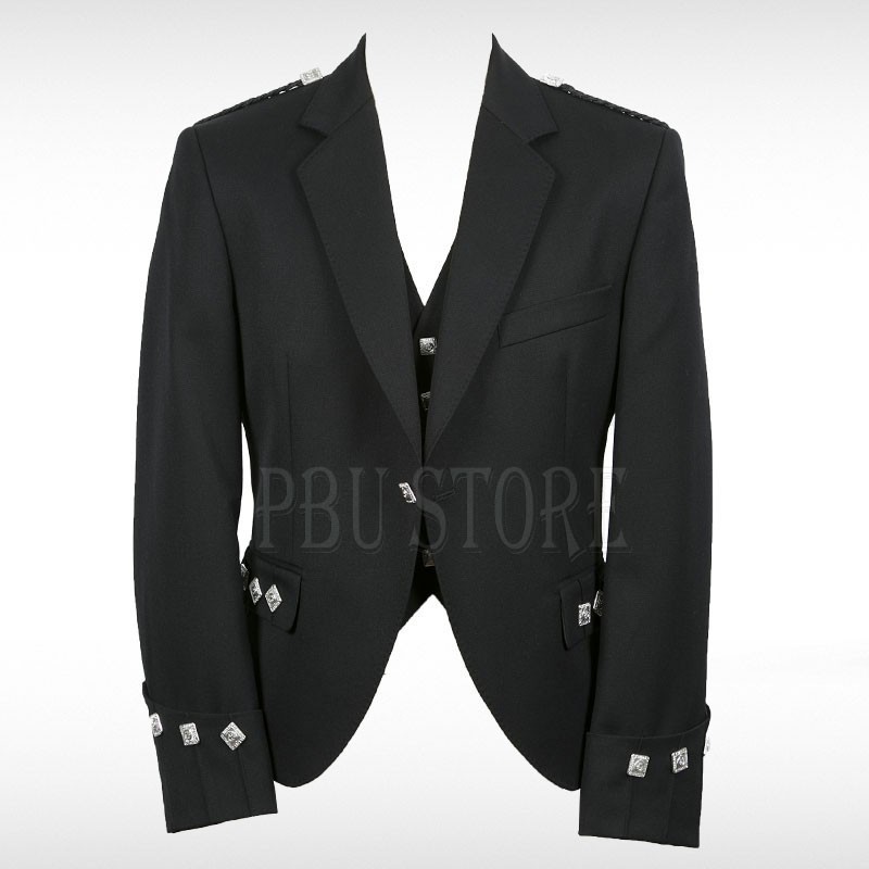 Black Classic Argyll Kilt Jacket and 5 Buttons Waistcoat