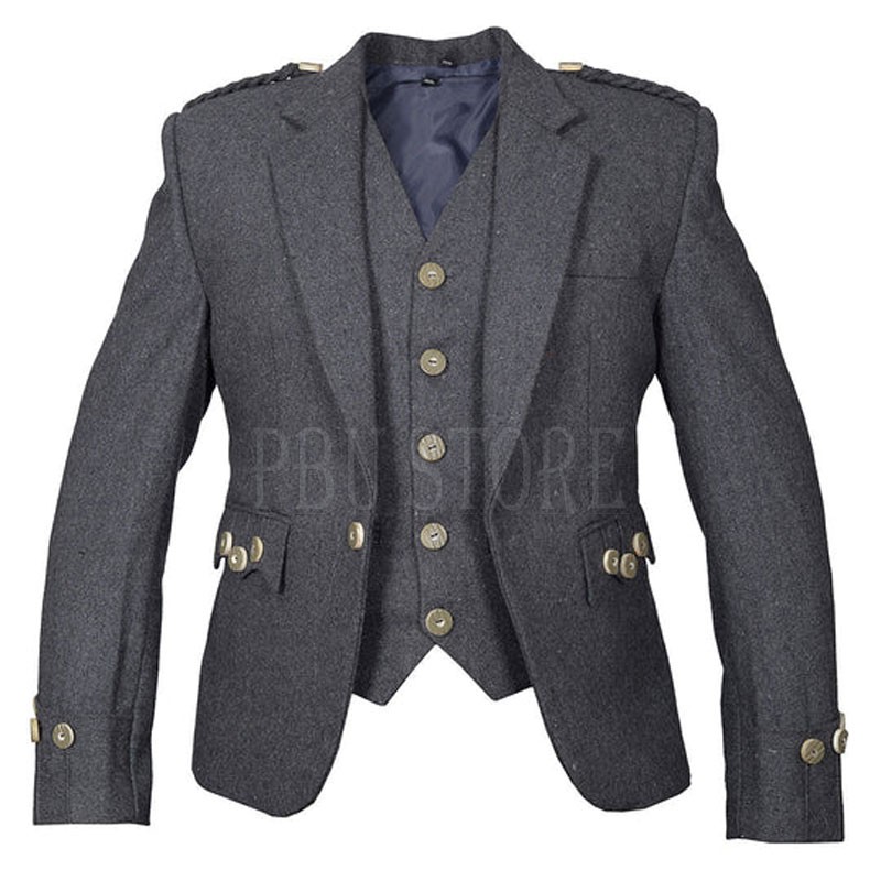 Premium Blazer Wool Grey Argyll Kilt Jacket and Waistcoat