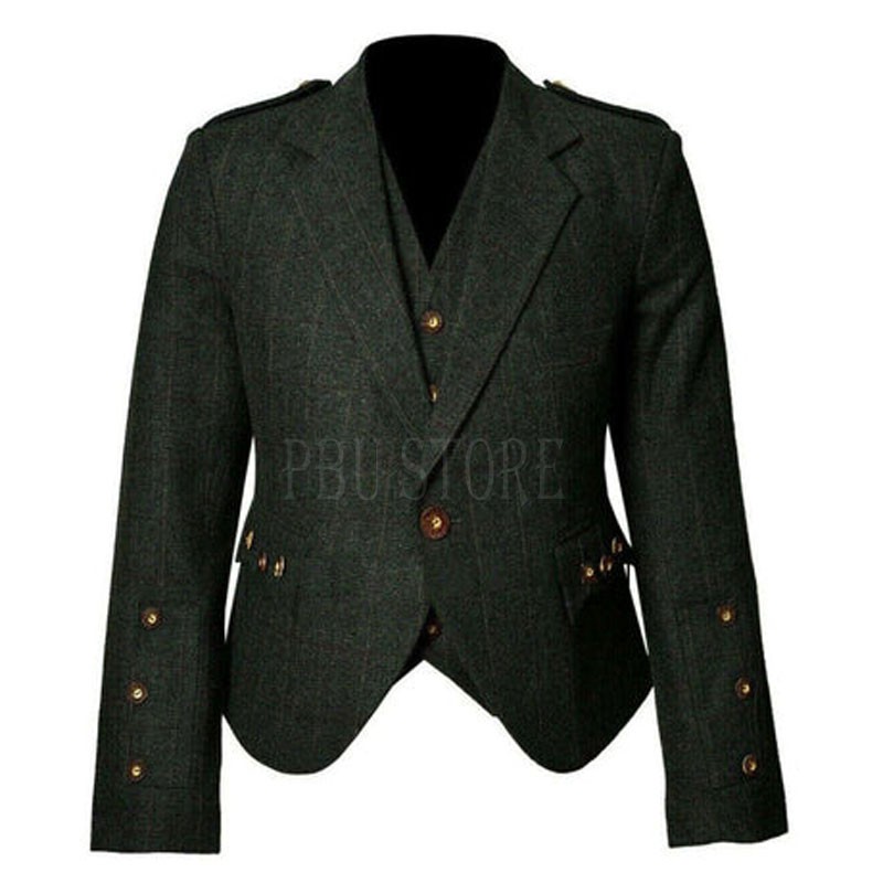 Green Traditional Crail Kilt Jacket for Scottish Bands with Waistcoat