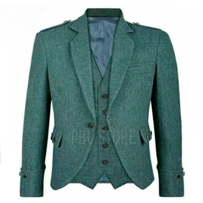 Green Wool Scottish Argyle Wedding Kilt Jacket and Waistcoat