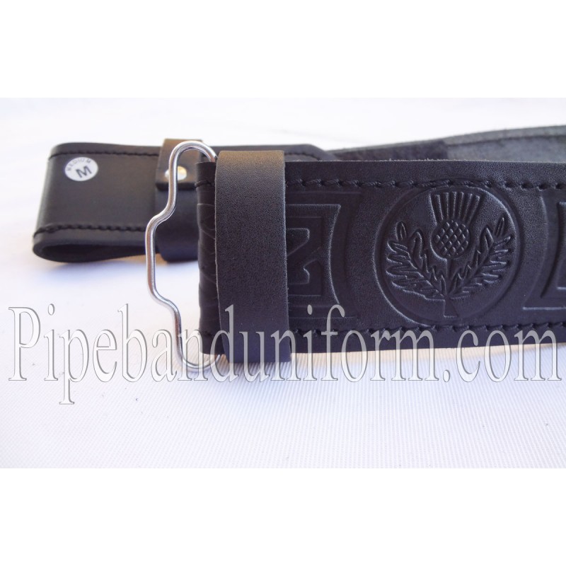 Black Leather Embossed Thistle Kilt Belt